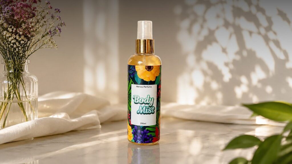Colorful spray bottle on a table with flowers and shadows